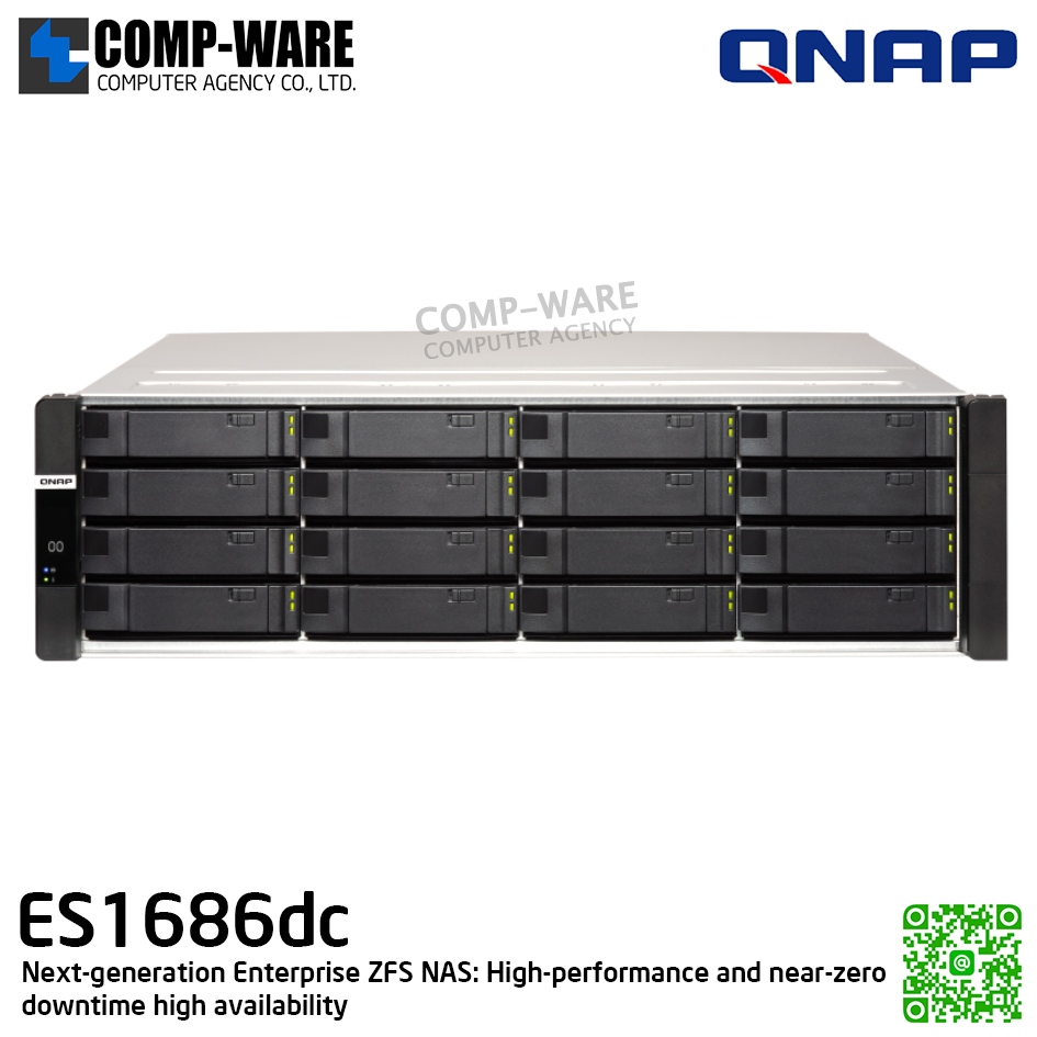QNAP (3U 16-Bay) ES1686dc-2123IT-64G / Intel Xeon D-2123IT (4-Core) / 64GB DDR4 / 16 x 2.5"/3.5" SAS 12Gbps / 3 x Gigabit LAN / 4 x 10G-bE SFP+ / Redundant PSU / 5Y Warranty / No HDD / Rail Kit RAIL-E02
