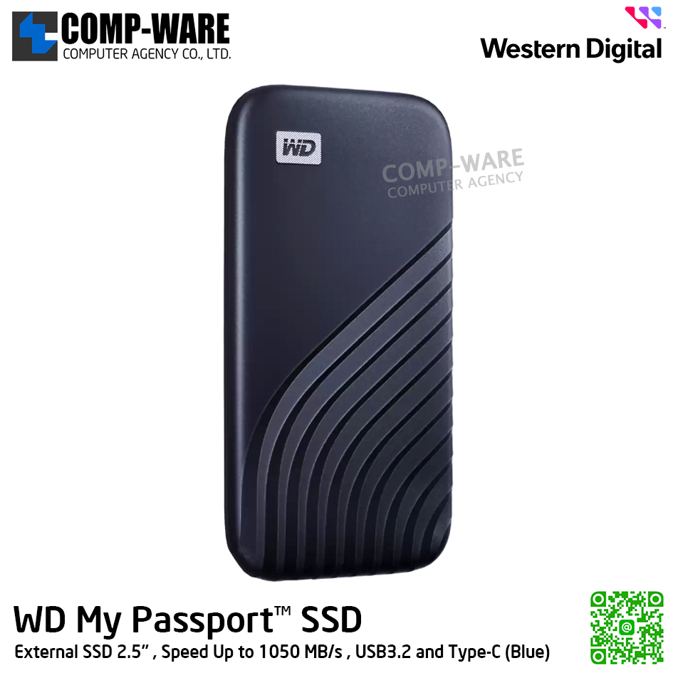 WD 1TB My Passport SSD External SSD 2.5" , Speed Up to 1050 MB/s , USB3.2 and Type-C (Blue) WDBAGF0010BBL-WESN รับประกัน 3 ปี