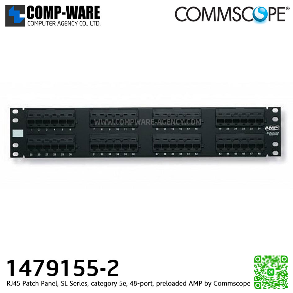 RJ45 Patch Panel, SL Series, category 5e, 48-port, preloaded AMP by Commscope (P/N:1479155-2)