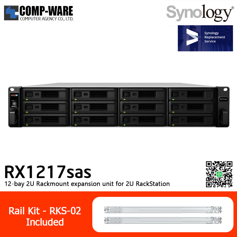 Synology Expansion Unit (2U 12-Bay) RX1217sas / Rail Kit RKS-02 / No HDD / 5 Year Warranty