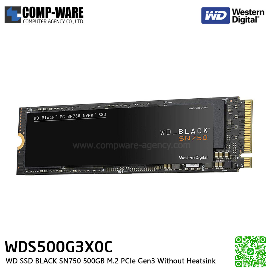 WD SSD BLACK SN750 500TB M.2 PCIe Gen3 Without Heatsink ,READ 3470 MB/S , WRITE 2600 MB/S - WDS500G3X0C
