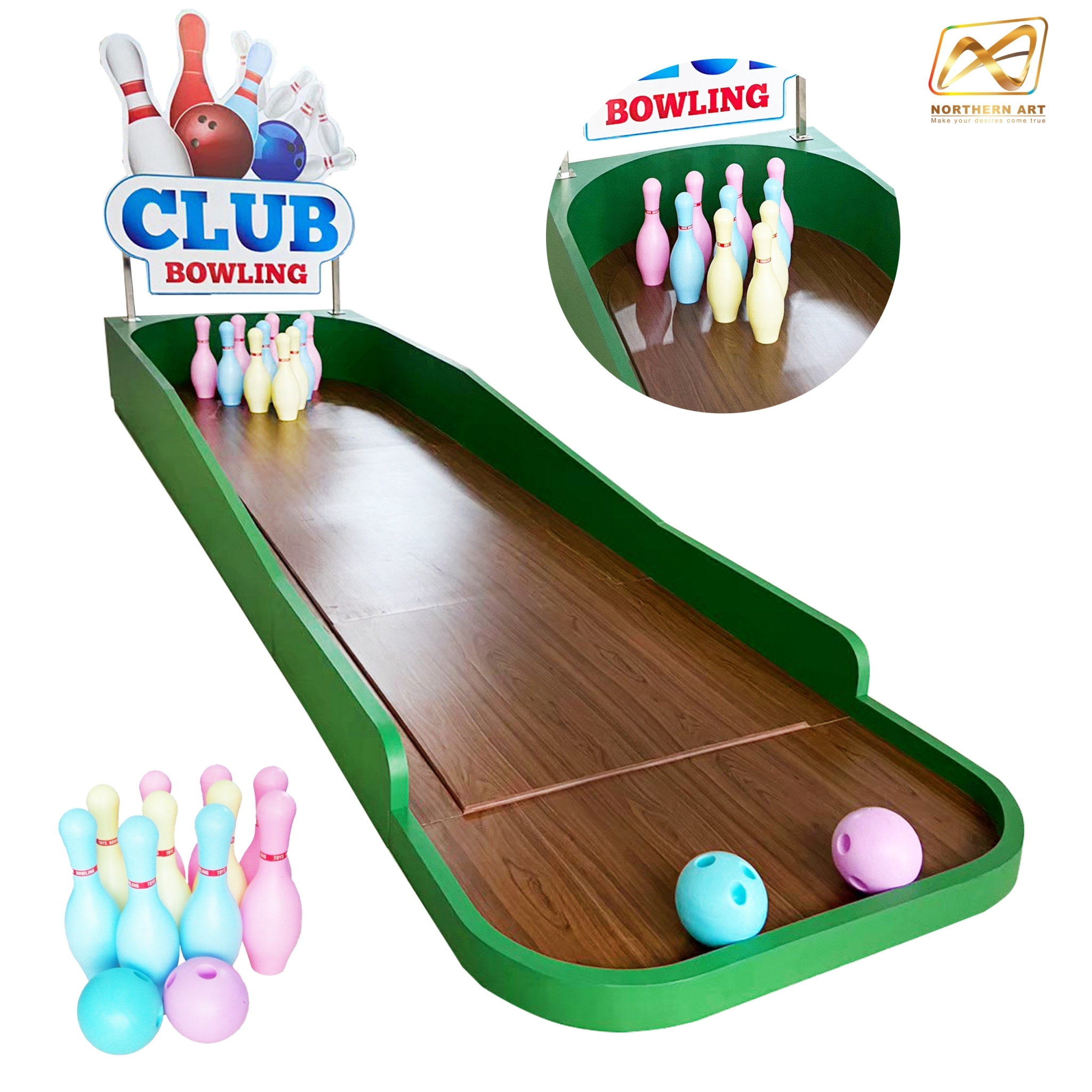 เช่าเกมส์โยนโบว์ลิ่ง Bowing ขนาด (W)95 x (L)358 x (H)38+60 cm.พร้อมชุดพินโบว์ลิ่งและลูกบอล 2 ลูก (ราคาพร้อมงานพิมพ์)