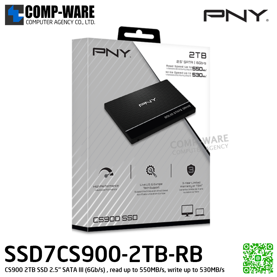 PNY CS900 2TB SSD 2.5" SATA III (6Gb/s) , read up to 550MB/s, write up to 530MB/s , SSD7CS900-2TB-RB / 3Y Warranty / Internal SSD