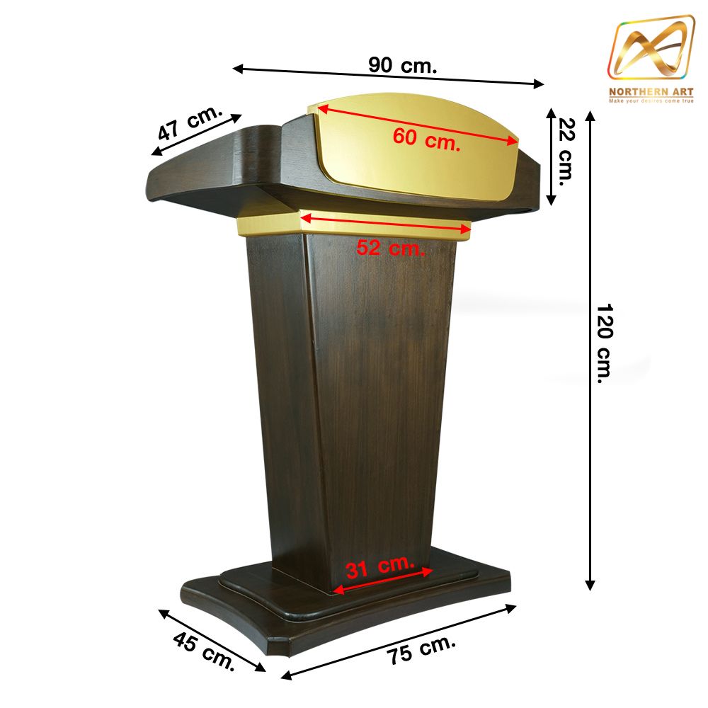 โพเดียมลายไม้ สีโอ๊คน้ำตาล และสีทอง รุ่น PD-07 ขนาดTOP (W) 90 x (L) 47 สูง 120 ซม. พร้อมชั้นวางของ