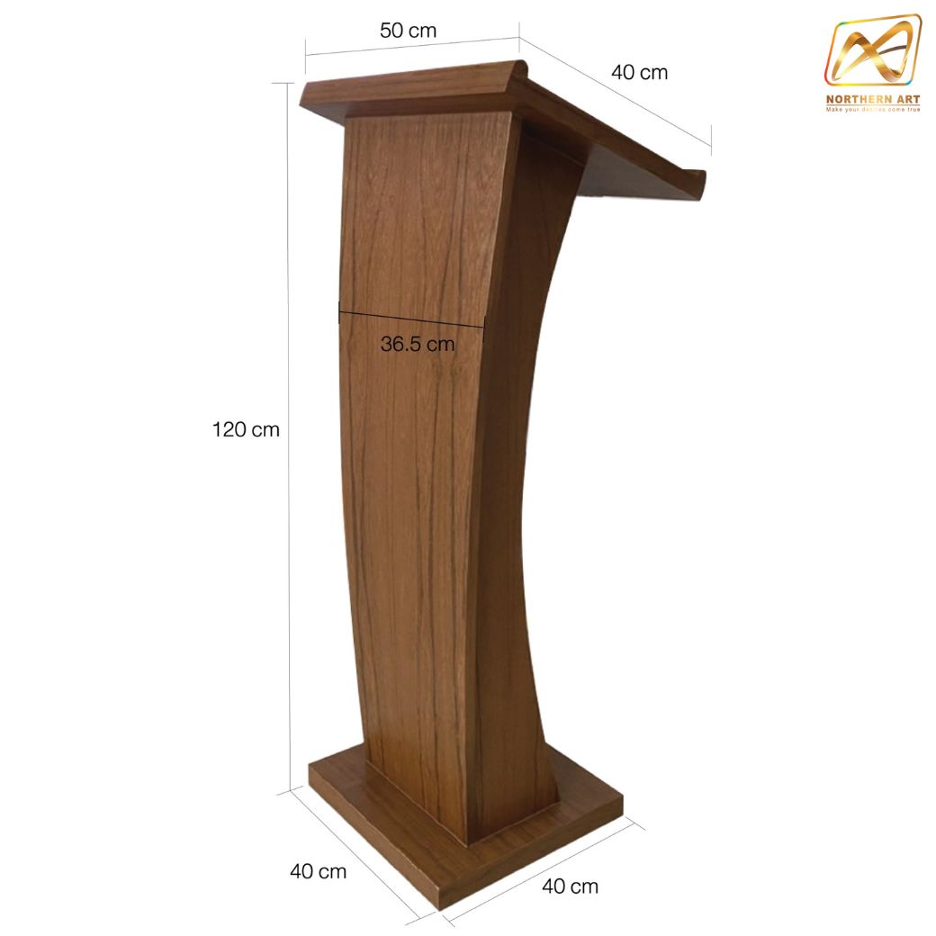 โพเดียมไม้ ปิดผิวลายไม้ สีสัก ขนาด (W) 50 x (L) 40 x (H) 120 cm. พร้อมชั้นวางของ