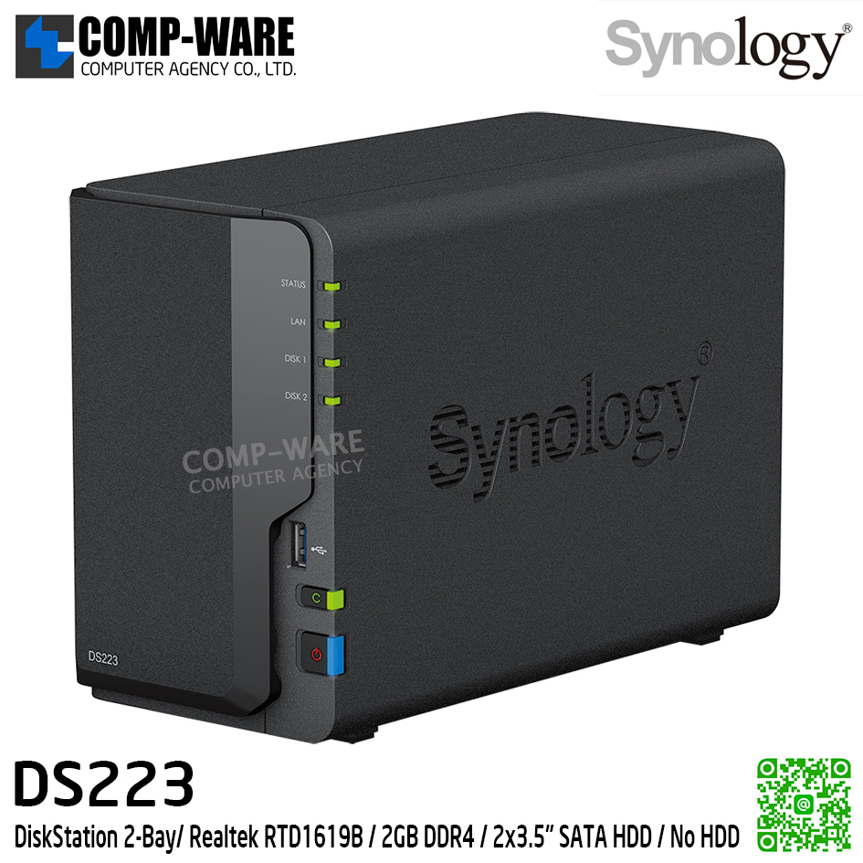 Synology DiskStation (Tower 2-Bay) DS223 / Realtek RTD1619B / 2GB DDR4 / 2x3.5" SATA HDD / No HDD / 2Y Warranty