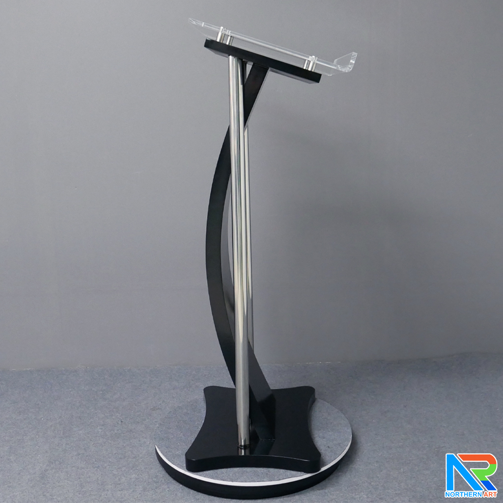 โพเดียมไม้ สีดำ ขนาด (W) 41 x (L) 50 x (H) 120 cm. พร้อมเสาสแตนเลสคู่ TOP เอียง อะคริลิคใส ติดหมุด