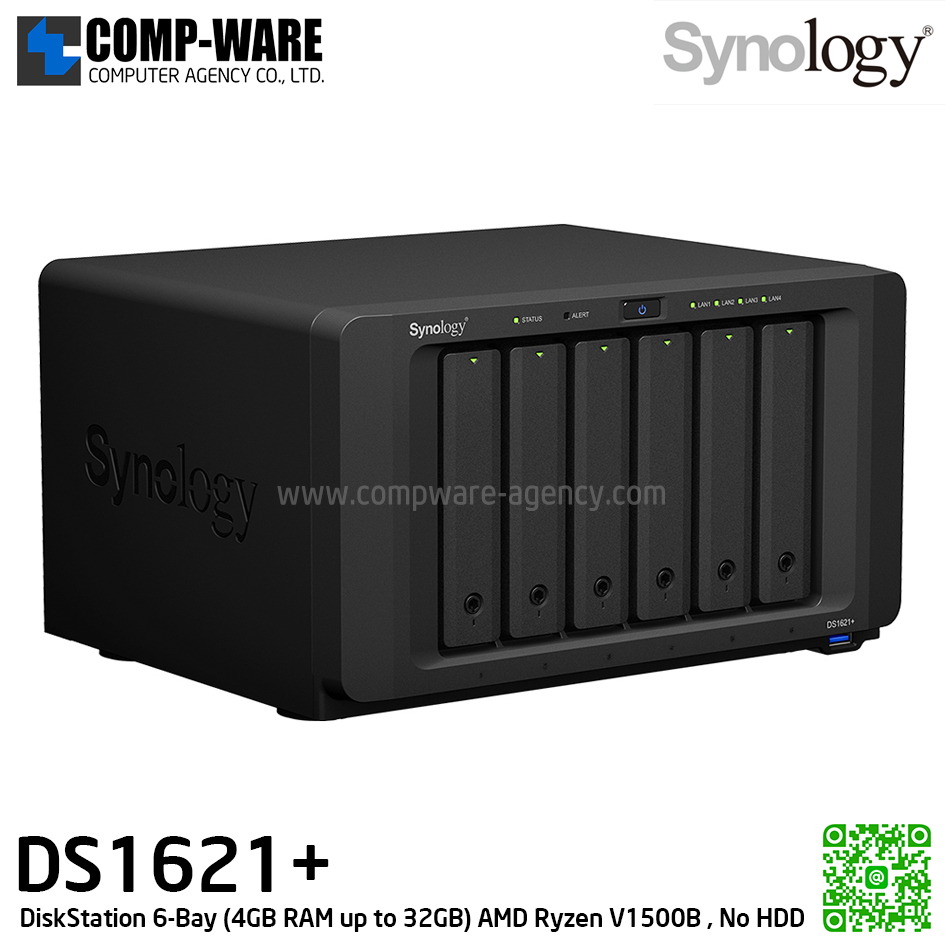 Synology DiskStation (6-Bay) DS1621+ / AMD Ryzen V1500B / 4GB RAM up to 32GB / No HDD / 3Y Warranty