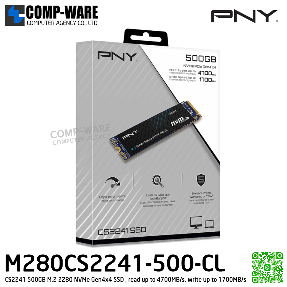 PNY CS2241 500GB M.2 2280 NVMe Gen4x4 SSD , read up to 4700MB/s, write up to 1700MB/s , M280CS2241-500-CL / 5Y Warranty / Internal SSD