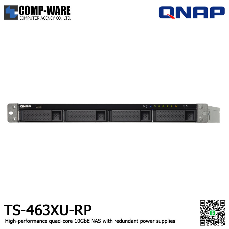 QNAP NAS (1U 4-Bay) TS-463XU-RP (4GB RAM up to 16GB) Redundant Power Supply , No HDD / No Rail kit
