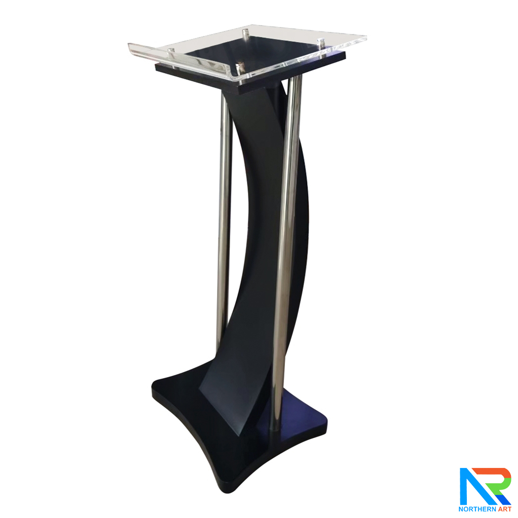 โพเดียมไม้ สีดำ ขนาด (W) 41 x (L) 50 x (H) 120 cm. พร้อมเสาสแตนเลสคู่ TOP เอียง อะคริลิคใส ติดหมุด