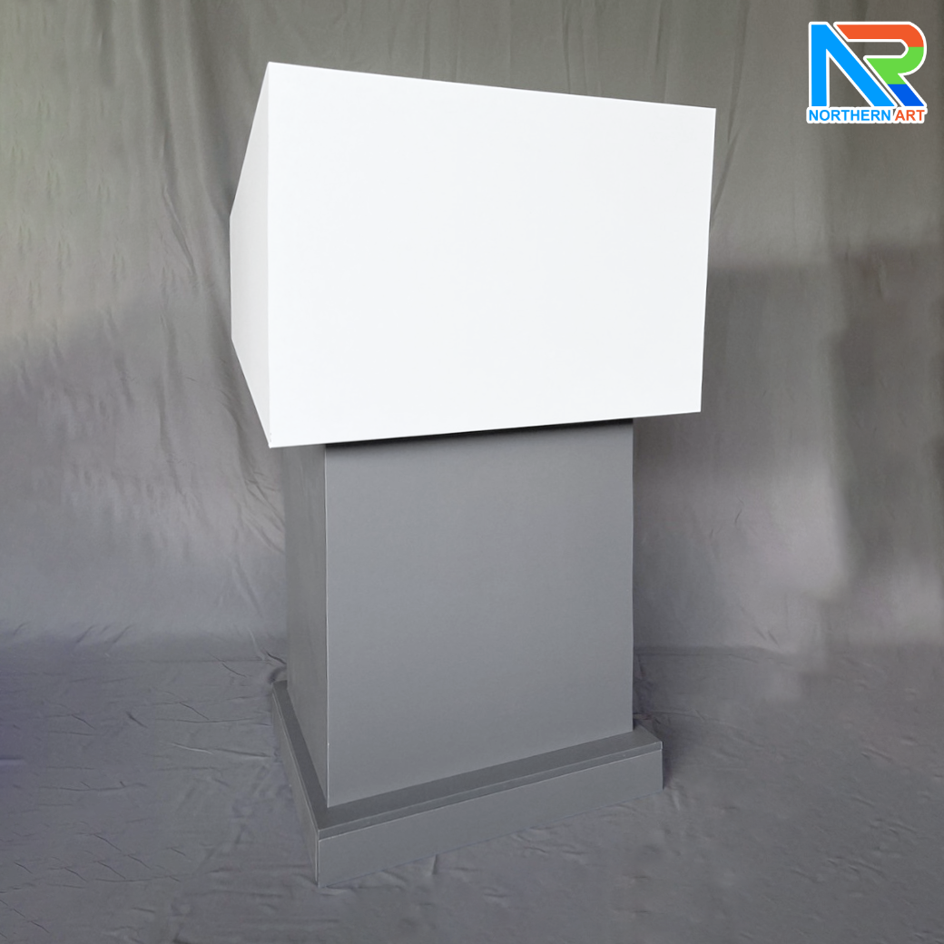 โพเดียมไม้MDF ทูโทน สีขาว และสีเทา ขนาด (W)73 x (L)54 x (H)117 cm. พร้อมชั้นวาง