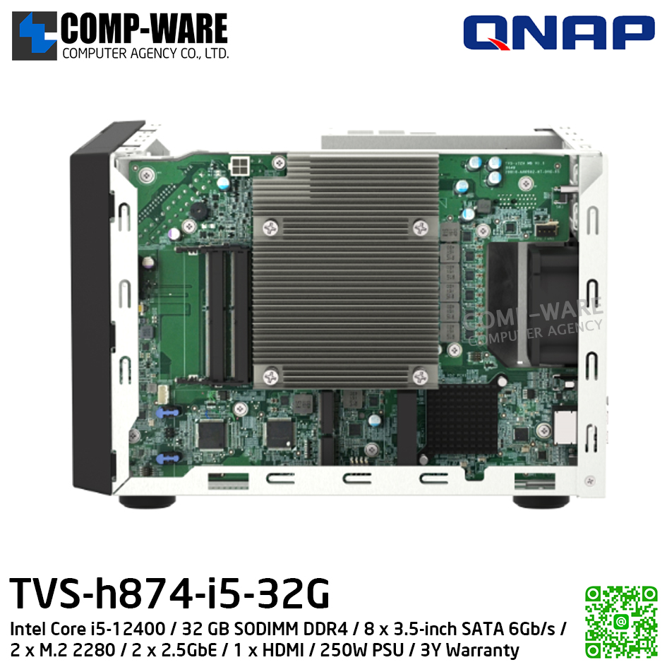 QNAP (Tower 8-Bay) TVS-h874-i5-32G / Intel Core i5-12400 / 32 GB SODIMM DDR4 / 8 x 3.5-inch SATA 6Gb/s / 2 x M.2 2280 / 2 x 2.5GbE / 1 x HDMI / 250W PSU / 3Y Warranty / No HDD