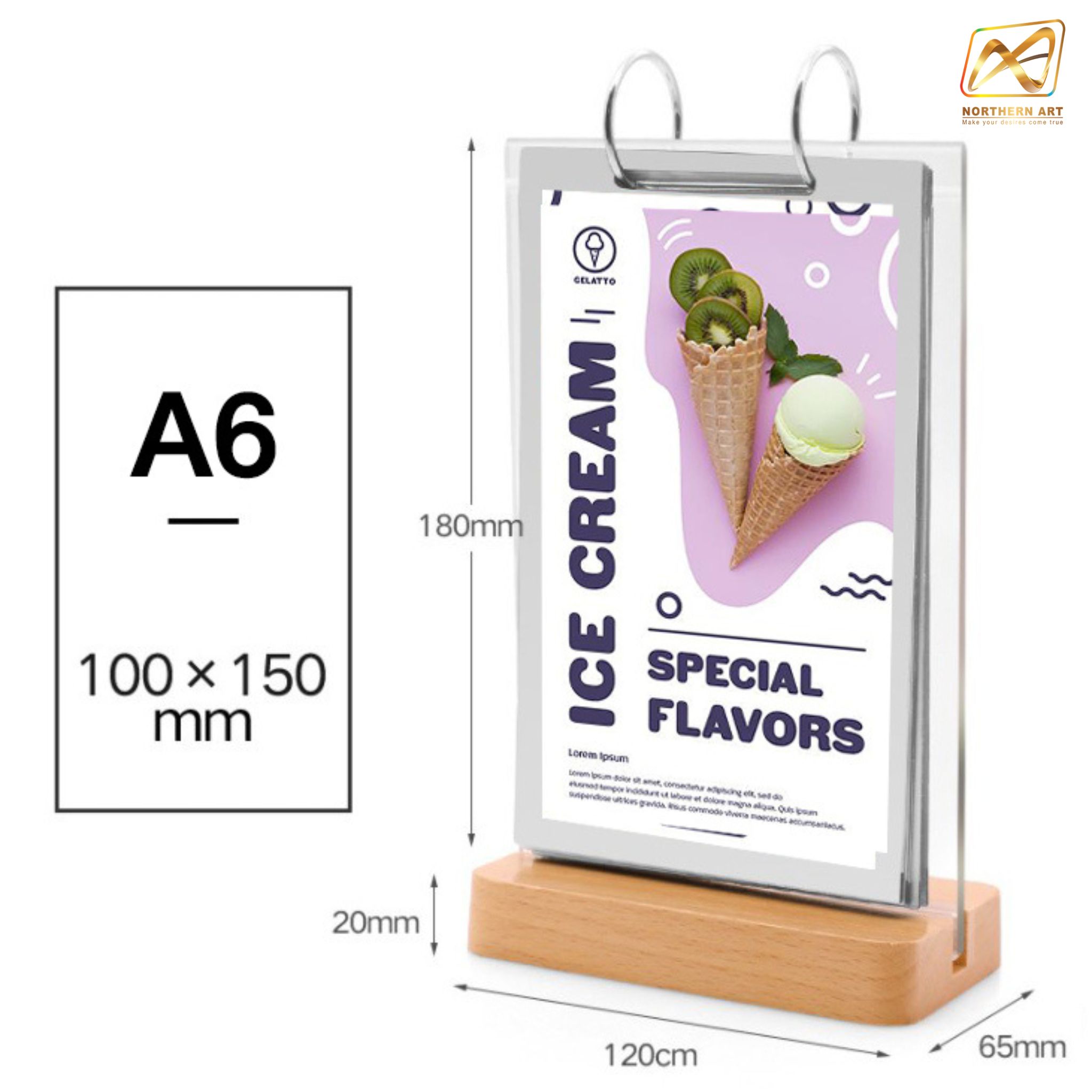 เมนูสแตนไม้ ตั้งโต๊ะ D3 ฐานไม้จริง สีบีช พร้อมซอง 6 ซอง โชว์งานพิมพ์ 2 ด้าน