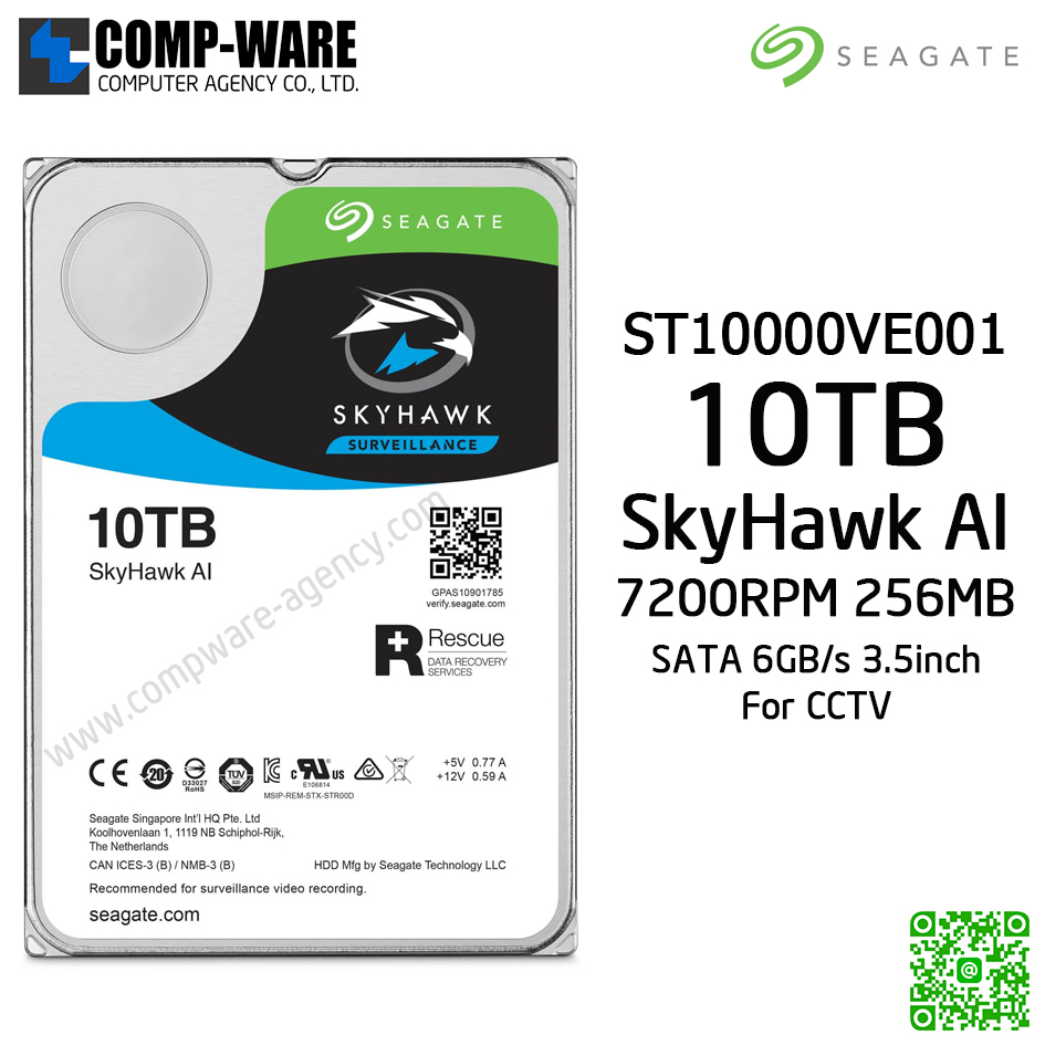 Seagate 10TB SkyHawk AI Surveillance SATA 6Gb/s 7200RPM 256MB Cache 3.5in Internal Drive - ST10000VE001 รับประกัน 5ปี