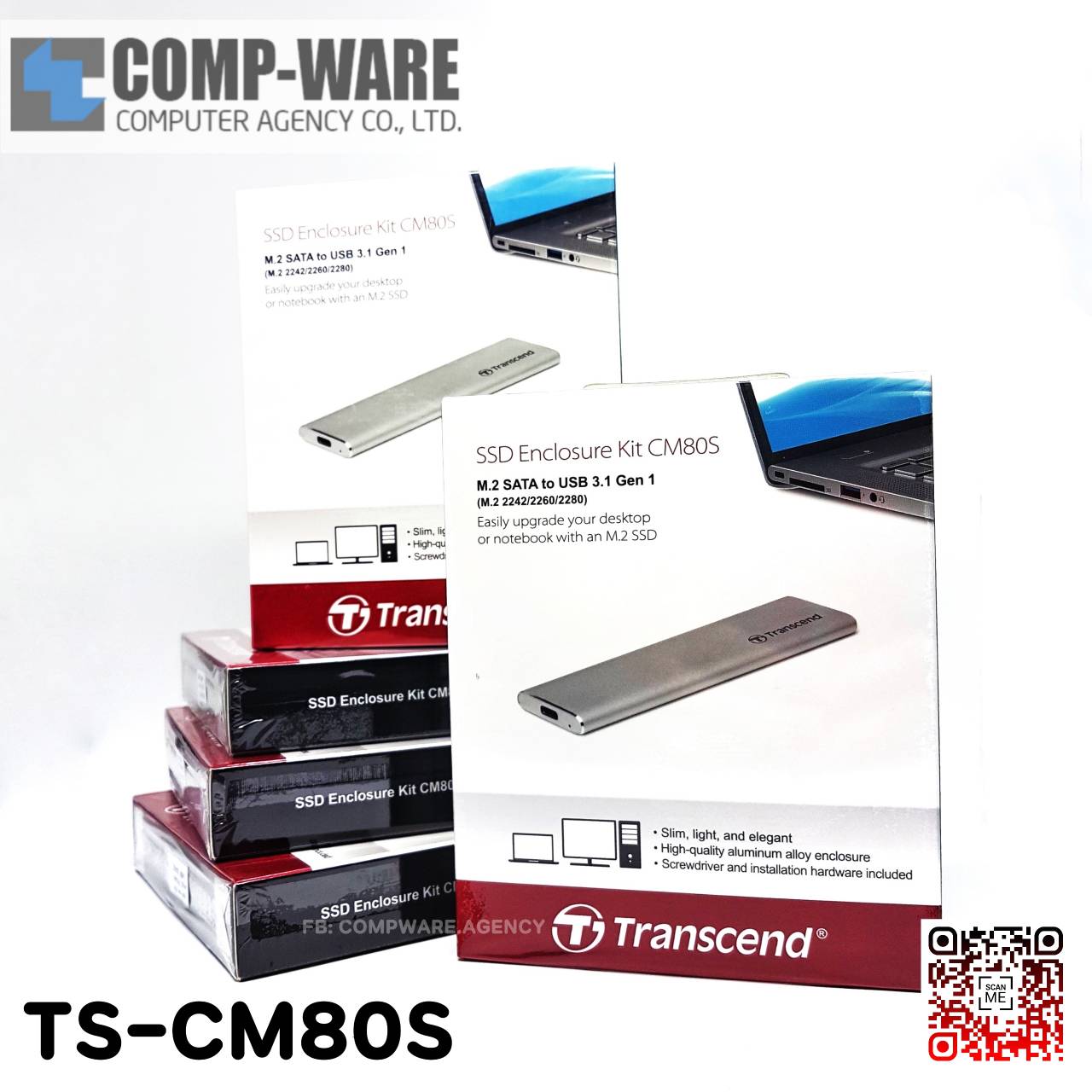 Transcend ตัวแปลง TS-CM80S M.2 SATA SSD To USB 3.1 SSD Enclosure Kit (สีเงิน), 1 Mounth