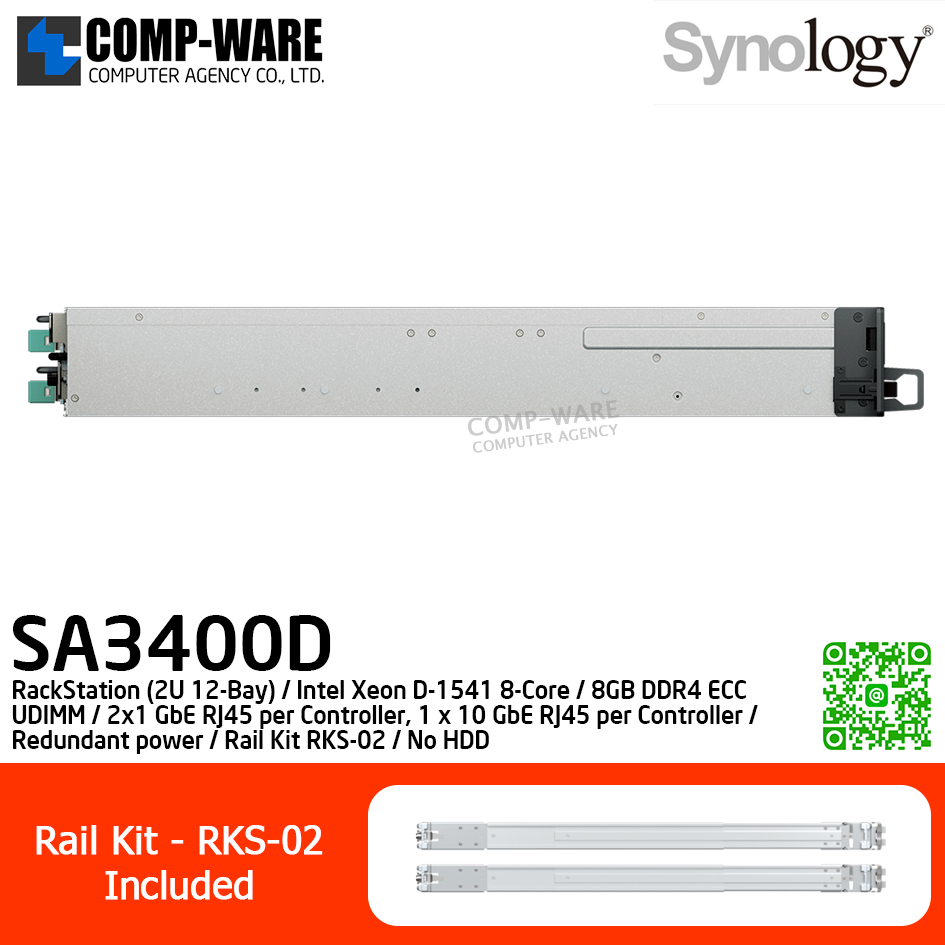 Synology RackStation (2U 12-Bay) SA3400D / Intel Xeon D-1541 8-Core / 8GB DDR4 ECC UDIMM / 2x1 GbE RJ45 per Controller, 1 x 10 GbE RJ45 per Controller / Redundant power / Rail Kit RKS-02 / No HDD / 5Y Warranty