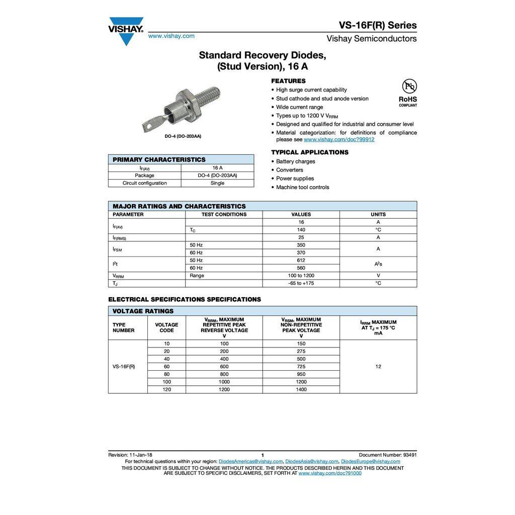 ไดโอด DIODE STANDARD 16A,1200V | 16FR120 Vishay Semiconductors | IR16FR120