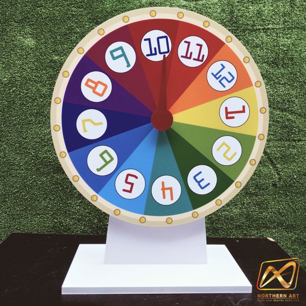 เกมส์วงล้อตั้งโต๊ะ ขนาดวงล้อ 50 ซม. สูง 61.5 ซม. วัสดุพลาสวูดสีขาว หนา 8-15 มม. ถอดประกอบได้