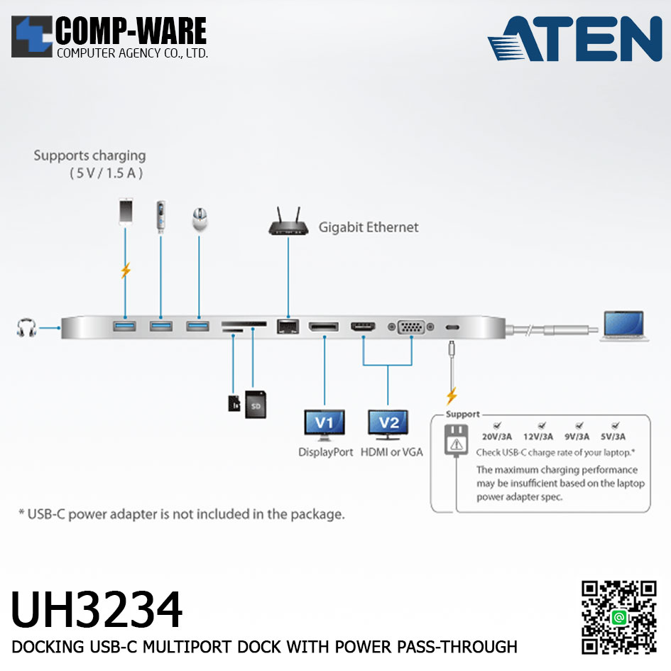 ATEN DOCKING USB-C MULTIPORT DOCK WITH POWER PASS-THROUGH ALUMINUM รุ่น UH3234 สีเงิน ประกัน 3 ปี