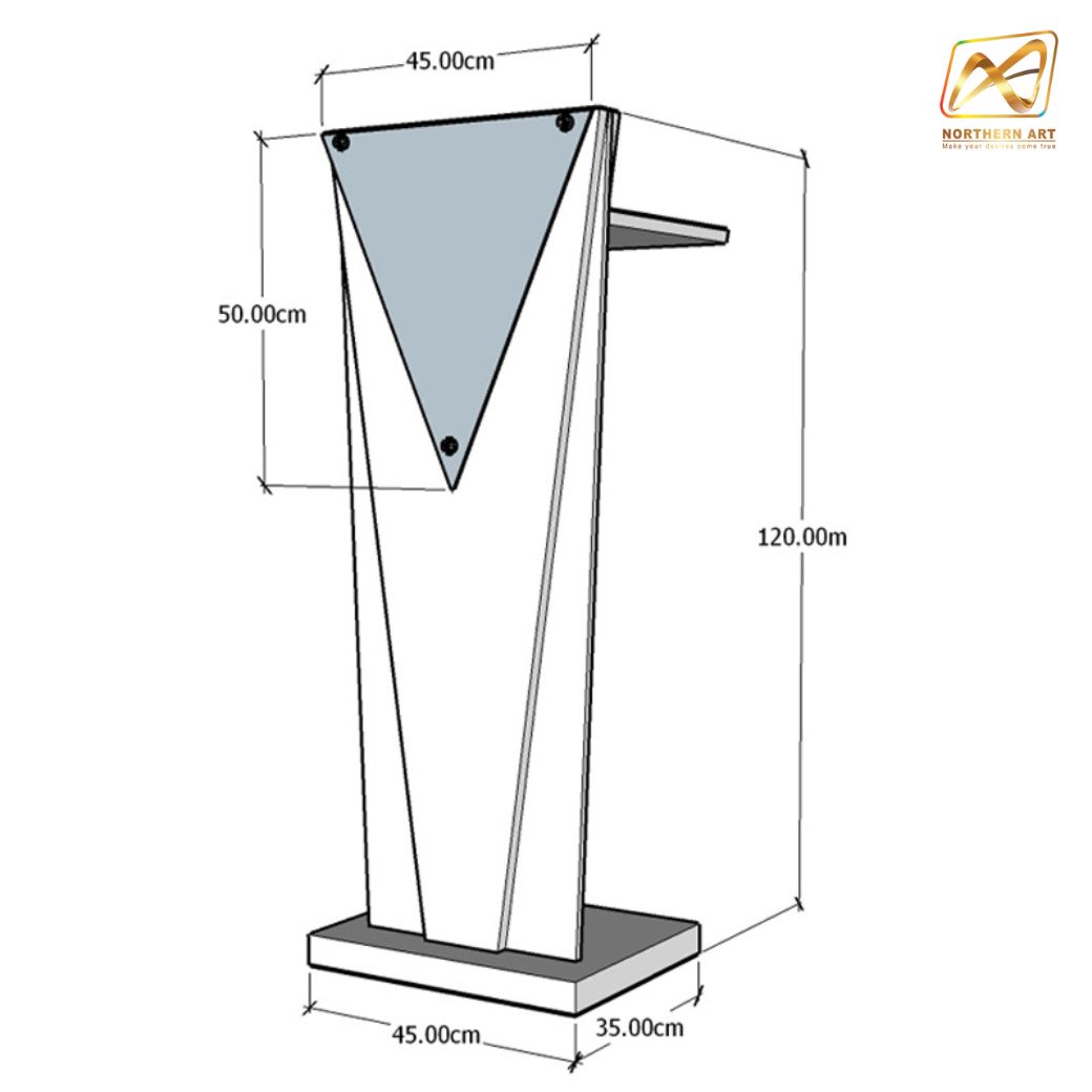 โพเดียมไม้สีดำ ทรงสามเหลี่ยม ขนาด (W) 45 x (L) 35 x (H) 120 cm. ด้านข้างอะคริลิคใส หนา 8 มม. ด้านหน้าอะคริลิคใส ติดหมุด สำหรับติดโลโก้