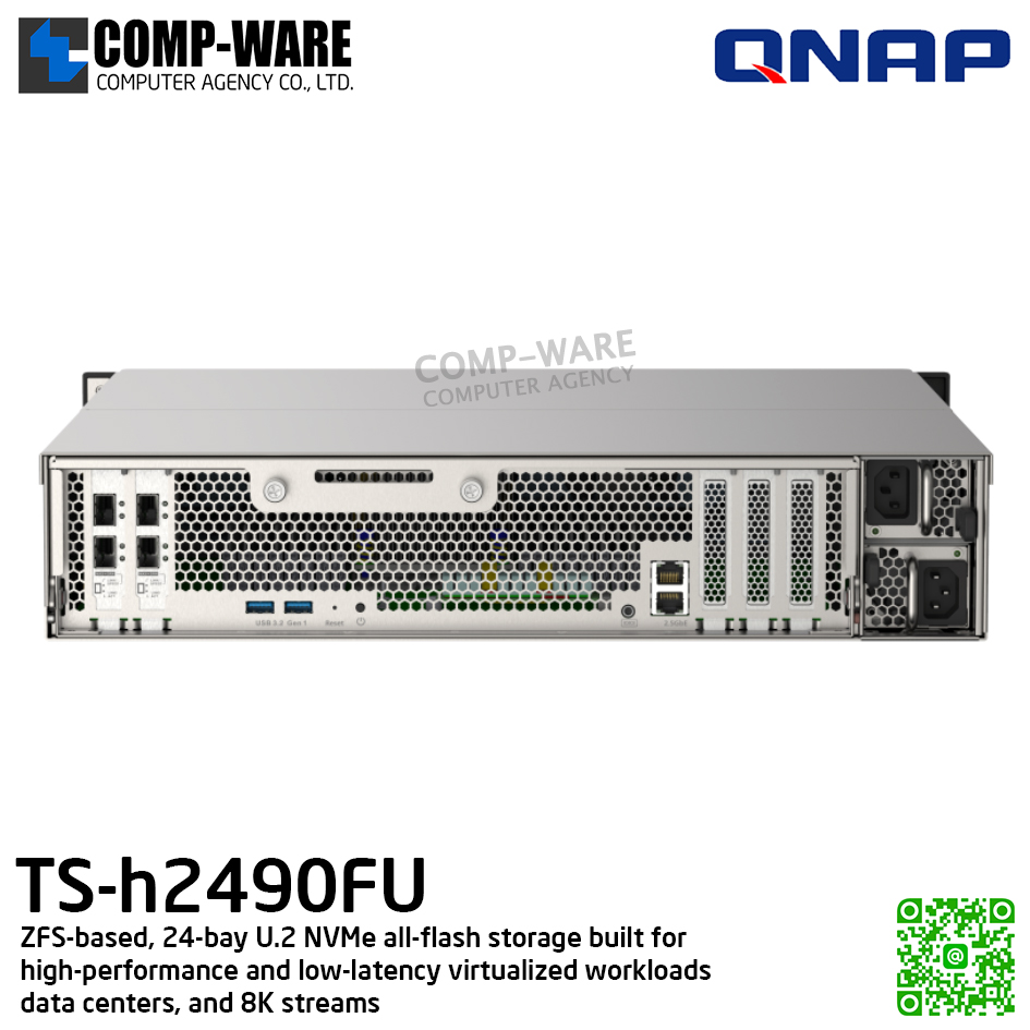 QNAP (2U 24-Bay) TS-h2490FU-7302P-256G / AMD EPYC 7302P (16C/32T) / 256GB RDIMM ECC DDR4 (8 x 32GB) / 24 x 2.5" NVMe Gen3 x4 U.2 SSD / 4 x 25GbE SFP28, 2 x 2.5GbE / Redundant PSU / 5Y Warranty / No HDD / Rail Kit RAIL-A03-57