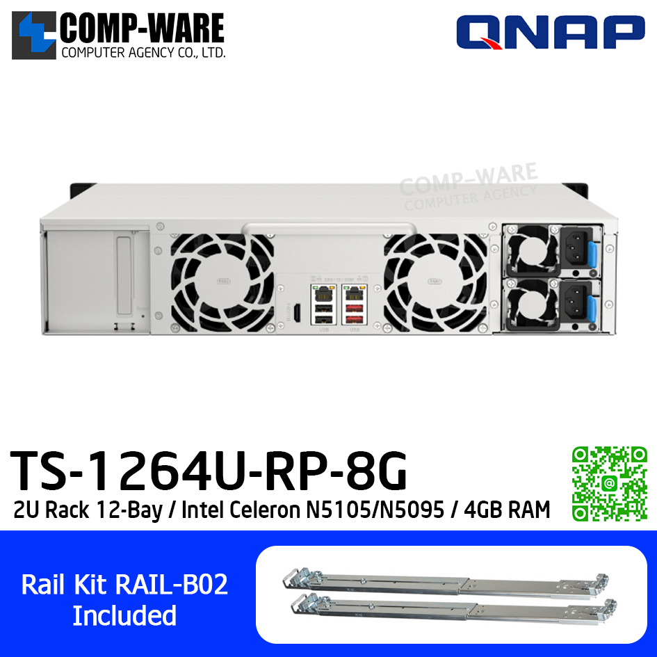QNAP (2U 12-Bay) TS-1264U-RP-8G / Intel Celeron N5105/N5095 / 4GB DDR4 SODIMM / 12 x 2.5"/3.5" SATA 6Gbps / 2 x 2.5GbE / Redundant PSU / 3Y Warranty / No HDD / Rail kit RAIL-B02