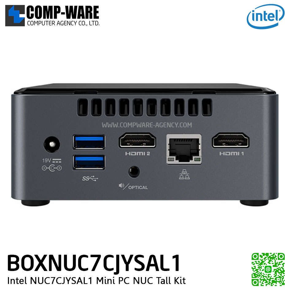 Intel NUC7CJYSAL1 Mini PC NUC Tall Kit - Intel Celeron J4005 (4M Cache, up to 2.70 GHz), 4GB DDR4 SO-DIMM; 32GB eMMC on-board; Windows® 10, 64-bit Home Support 2.5" Drive, DDR4-2400 1.2V SO-DIMM, 2 x HDMI, Wireless-AC 9462 + Bluetooth 5.0 BOXNUC7CJYS
