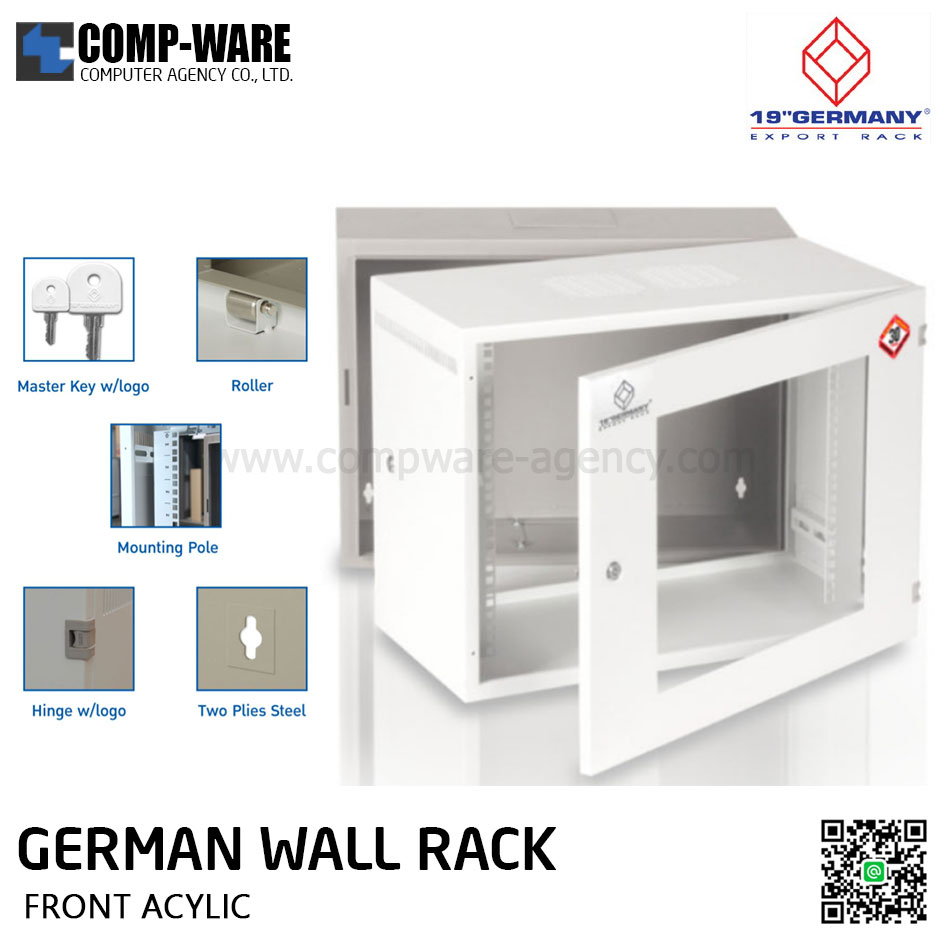 19" GERMAN G1-60609 WALL RACK 9U, ลึก 60cm. - ประตูหน้า Acylic ตู้ 3 Part มีลูกกลิ้ง