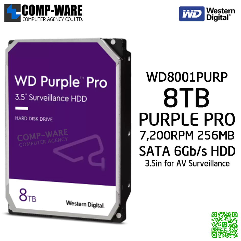 WD PURPLE PRO 8TB AV Surveillance Hard Disk Drive - 7200RPM SATA 6Gb/s 256MB Cache 3.5Inch - WD8001PURP