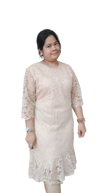 NNandNN Shop 2 0040 เดรสลูกไม้ คอกลม แขนกระบอก สีพื้น 4XL 46