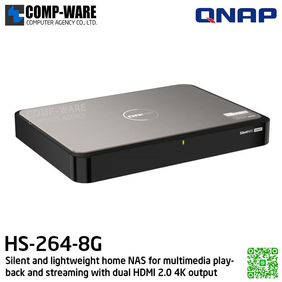 QNAP (Set-Top design 2-Bay) HS-264-8G / Intel Celeron N5105 / 8GB RAM / 2 x 3.5-inch SATA 6Gb/s / 2 x 2.5GbE / 2 x HDMI / Adapter Power / 2Y Warranty / No HDD