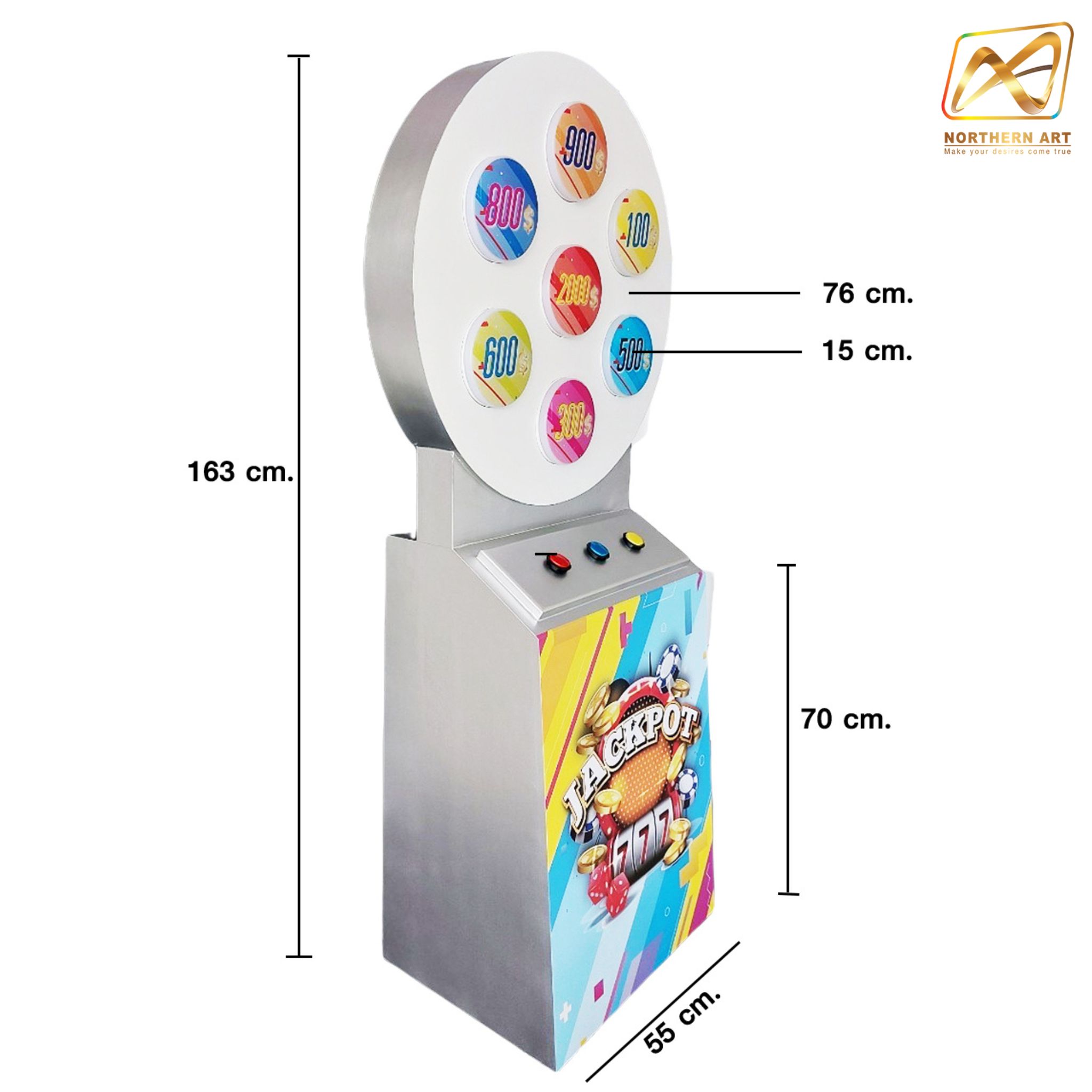 เกมส์วงล้อไฟฟ้า ขนาดวงล้อ 76 ซม. สูง 163 ซม. พร้อมไฟกลมLED 6 ดวง พร้อมแป้นกดปุ่มลุ้นรางวัล