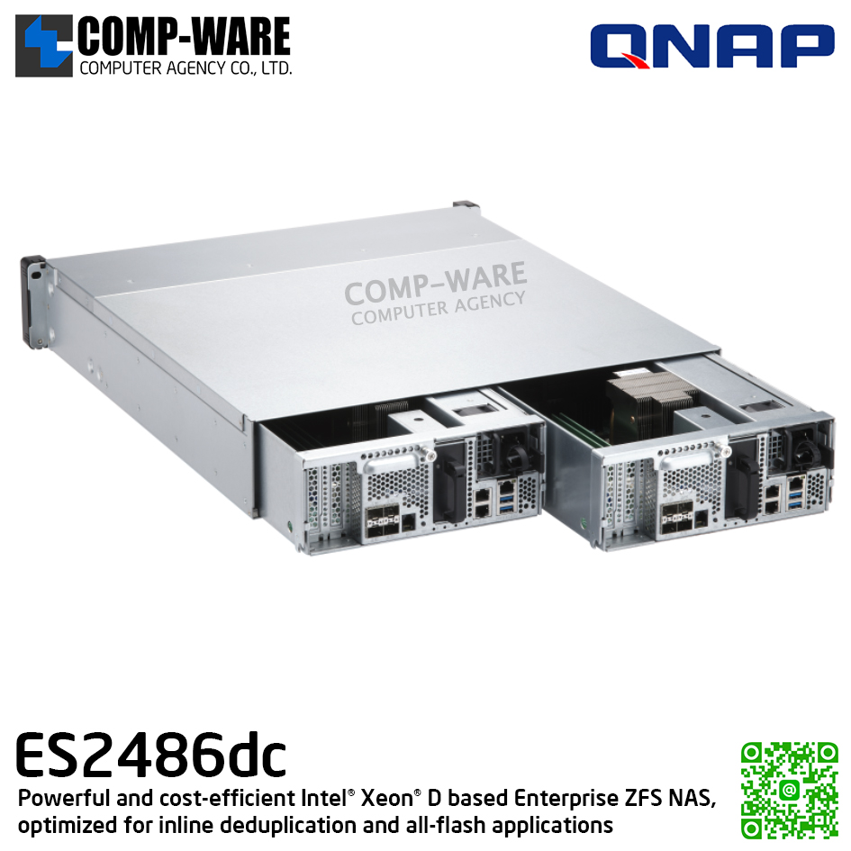 QNAP (2U 24-Bay) ES2486dc-2142IT-96G / Intel Xeon D-2142IT (8-Core) / 96GB DDR4 / 24 x 2.5" SAS 12Gbps / 3 x Gigabit LAN / 4 x 10G-bE SFP+ / Redundant PSU / 5Y Warranty / No HDD / Rail Kit RAIL-E02