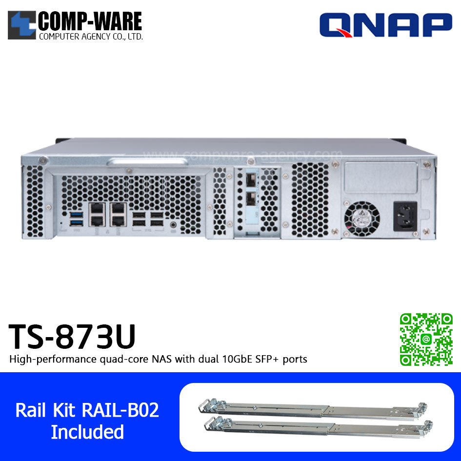 QNAP NAS (2U 8-Bay) TS-873U-4G (4GB RAM up to 64GB) AMD R-Series RX-421ND , 2 x 10GbE SFP+ ,Single Power Supply w/Rail Kit RAIL-B02, No HDD