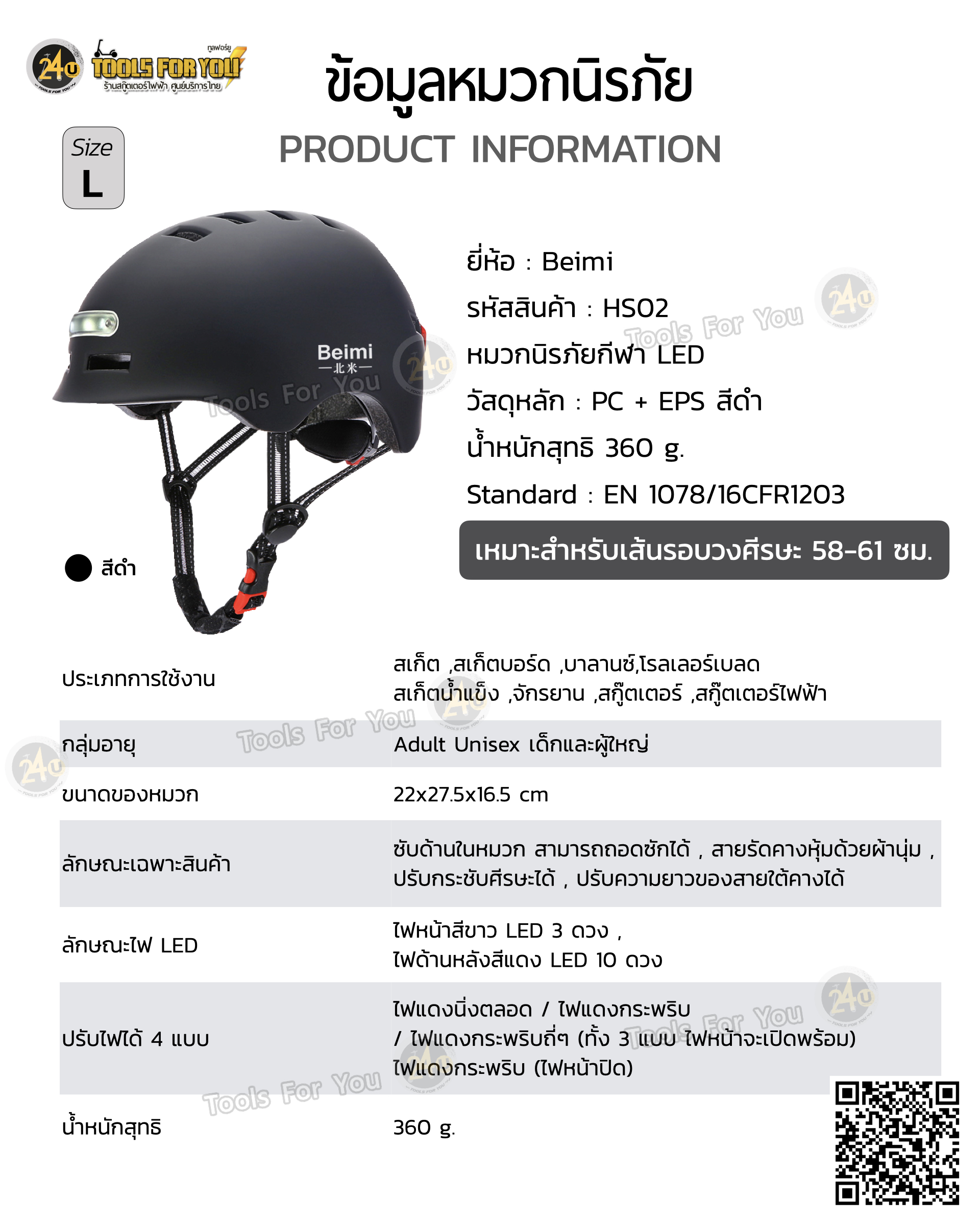หมวกนิรภัย LED ไฟส่องสว่าง อุปกรณ์ป้องกันกีฬา หมวกกันน็อค กันกระแทก สกูตเตอร์ จักรยาน สเก็ตบอร์ด เด็ก ผู้ใหญ่ สีดำ by 24you (HS02)
