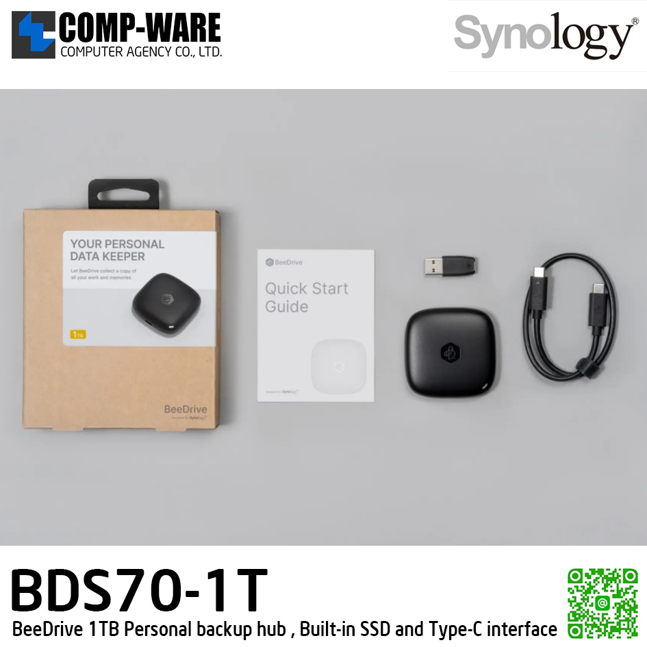 Synology BeeDrive 1TB Personal backup hub , Built-in SSD and USB 3.2 Gen 2 (10Gbps) Type-C interface - 3Y Warranty - BDS70-1T