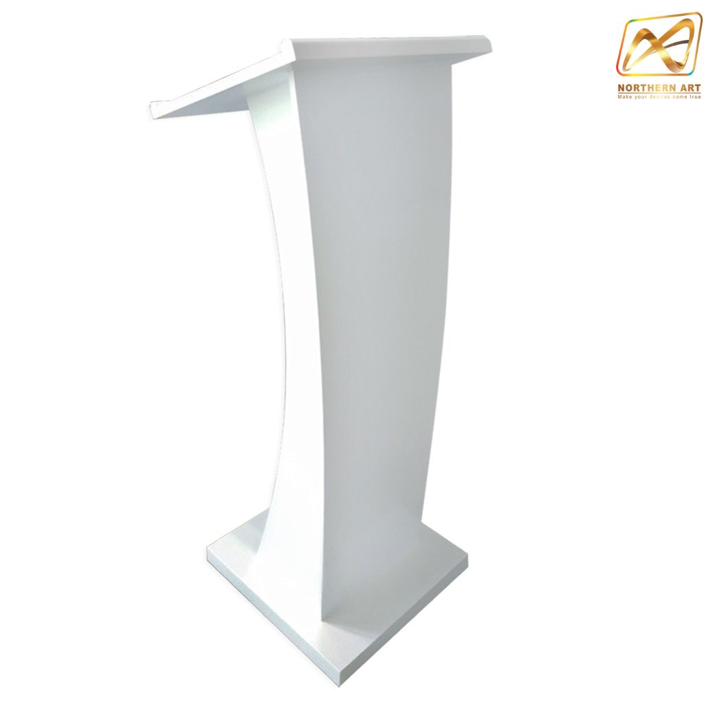 โพเดียมไม้ สีขาว ทรงโค้ง ขนาด (W) 50 x (L) 40 x (H) 120 cm. สไตล์โมเดิร์น พร้อมชั้นวางของ