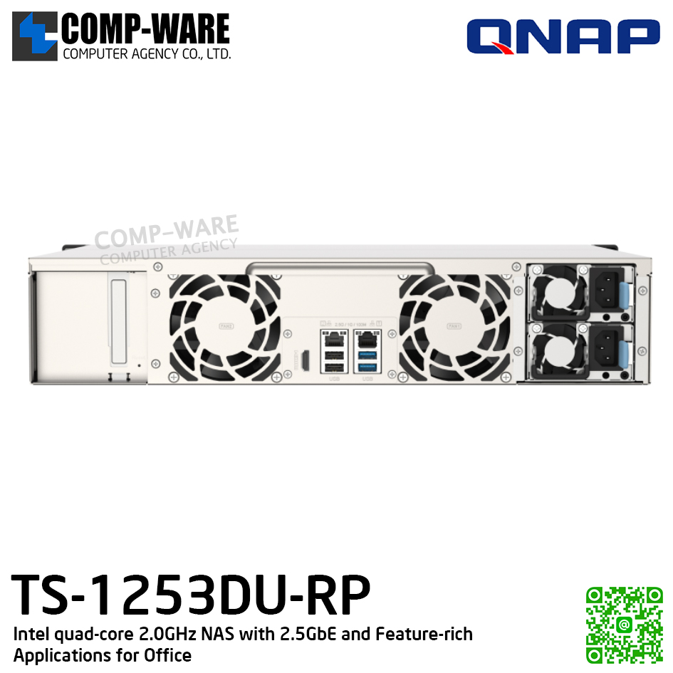 QNAP (2U 12-Bay) TS-1253DU-RP-4G / Intel Celeron J4125 (4Core) / 4GB DDR4 SODIMM / 12 x 2.5"/3.5" SATA 6Gbps / 2 x 2.5GbE (2.5G/1G/100M/10M) / Redundant PSU / 3Y Warranty / No HDD / No Rail Kit