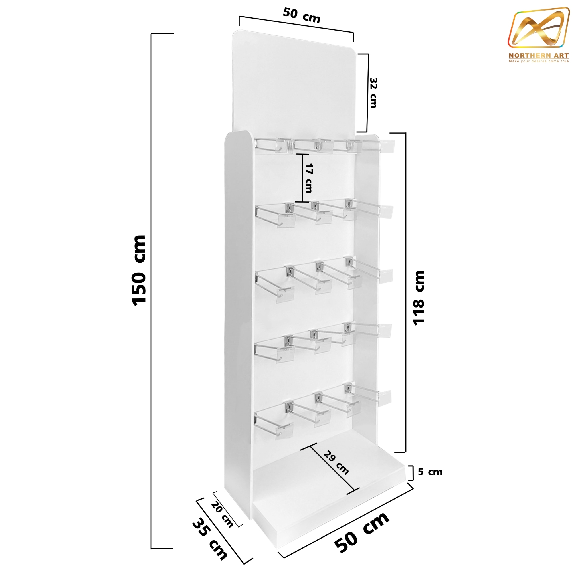ชั้นวางสินค้าพลาสวูด รุ่น H05 ขนาด (W)50 x (D)35 x (H)155 ซม. พลาสวูดหนา 8 มม.พร้อมงานพิมพ์สติ๊กเกอร์ ( ราคาไม่รวมขอแขวนและป้ายราคา )