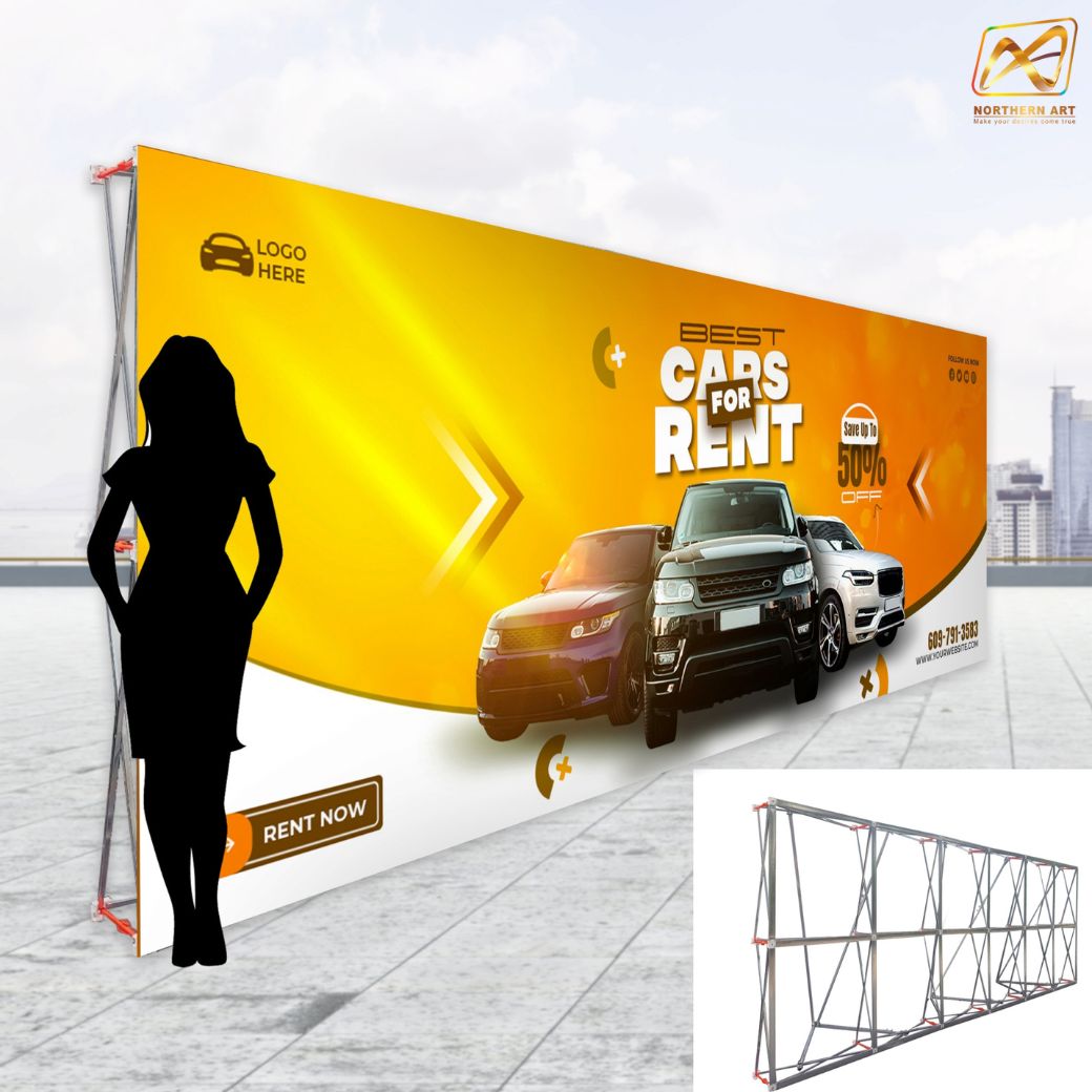 VINYL BACKDROP OUTDOOR บคดรอบไวนิล รุ่น 2x6 ขนาด (W)600 x (H)200 cm. โครงอะลูมิเนียมพร้อมขาค้ำยัน ถอดประกอบและพับเก็บได้ แข็งแรง เหมาะกับงานภายนอกอาคาร