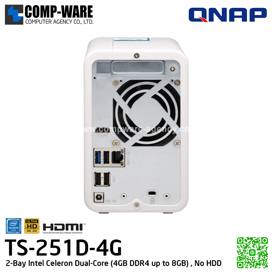 QNAP NAS (2-Bay) TS-251D (4GB DDR4 RAM up to 8GB) Intel Celeron J4005 Dual-Core HD Graphics 600, No HDD / TS-251D-4G