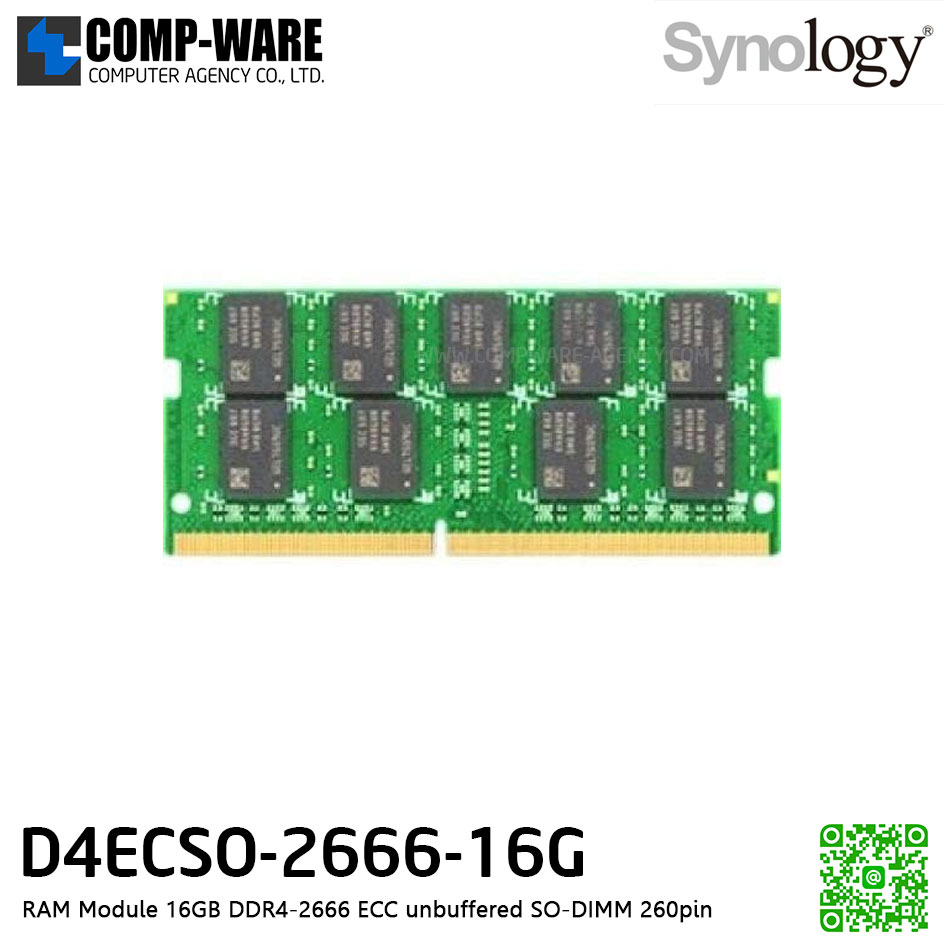 Synology RAM Module 16GB DDR4-2666 ECC unbuffered SO-DIMM 260pin 1.2V D4ECSO-2666-16G / 5Y Warranty
