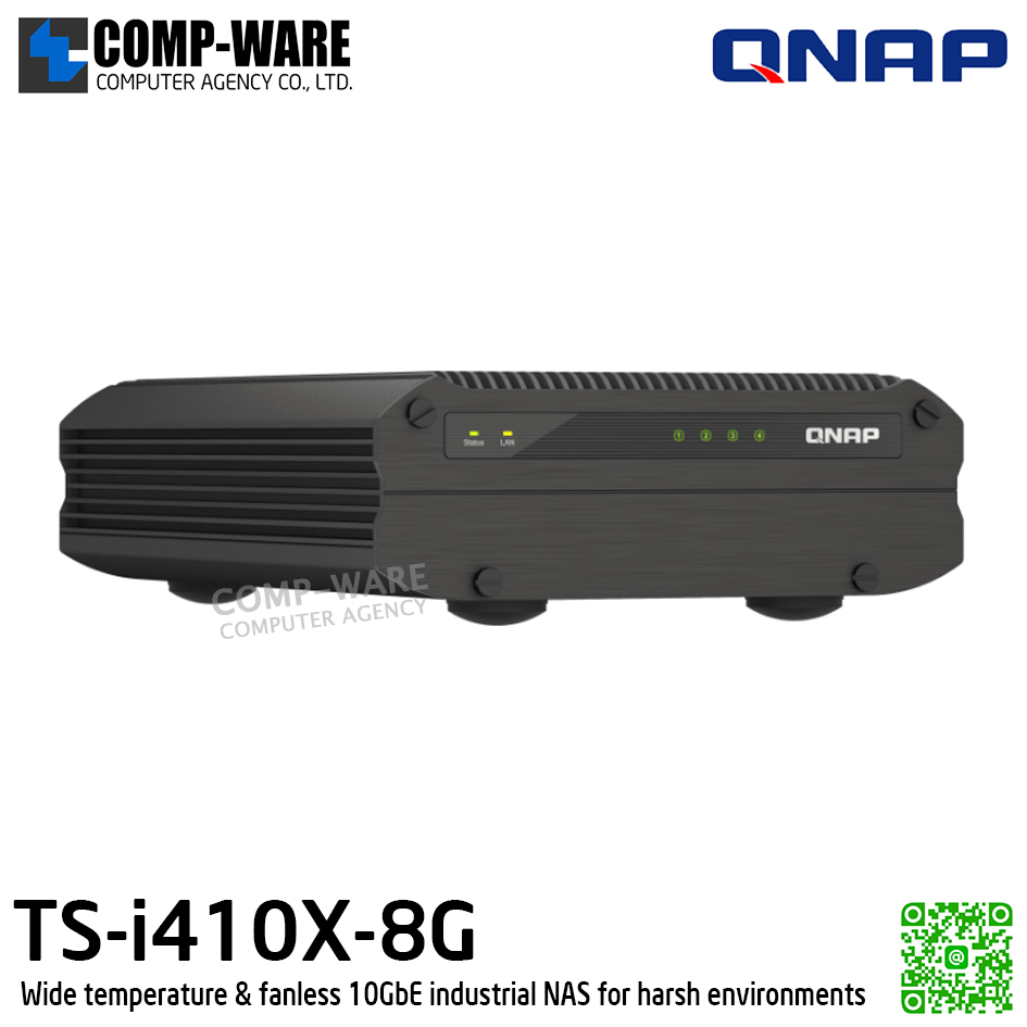 QNAP industrial NAS (Tower 4-Bay 2.5in) TS-i410X-8G / Intel Atom x6425E / 8GB on board / 4 x 2.5-inch SATA 6Gb/s / 2 x 10GBASE-T / 1 x HDMI 1.4b / Adapter Power / 3Y Warranty / No HDD