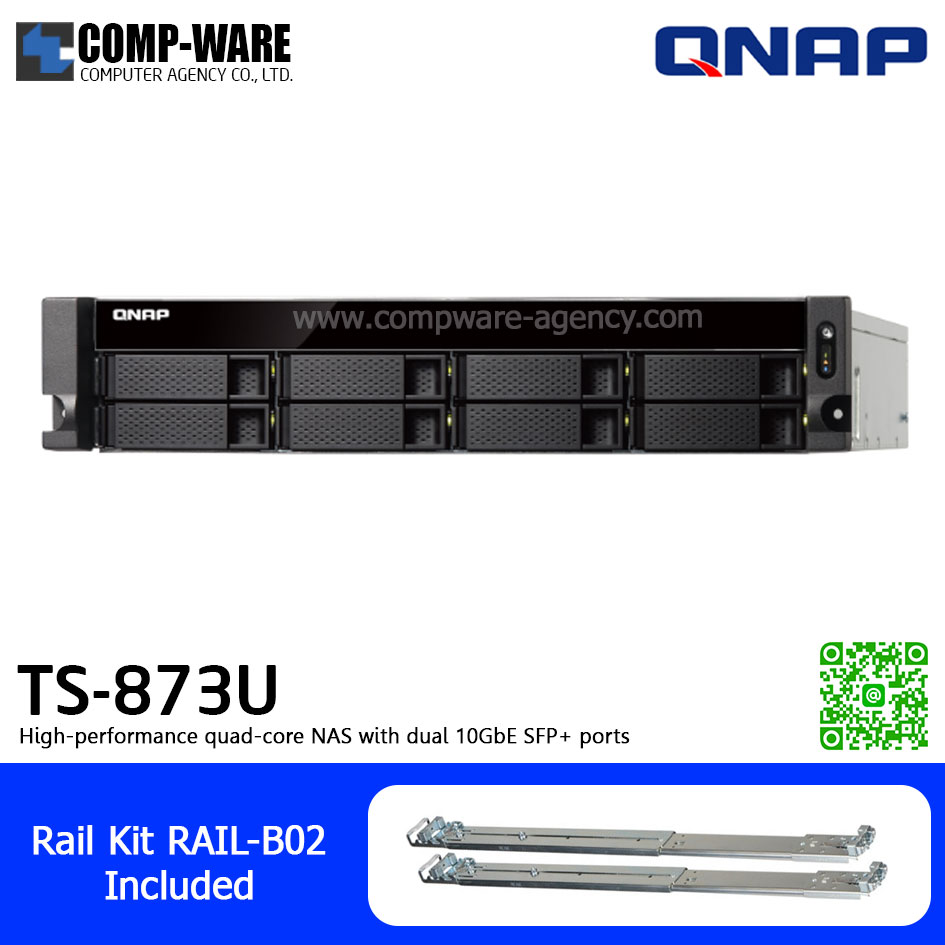 QNAP NAS (2U 8-Bay) TS-873U-4G (4GB RAM up to 64GB) AMD R-Series RX-421ND , 2 x 10GbE SFP+ ,Single Power Supply w/Rail Kit RAIL-B02, No HDD