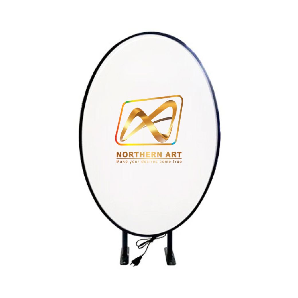 ตู้ไฟ ป้ายไฟ LED 2 หน้า วงรี ขอบสีดำ อะคริลิคปั๊มนูน มีขายื่น ติดตั้งง่าย