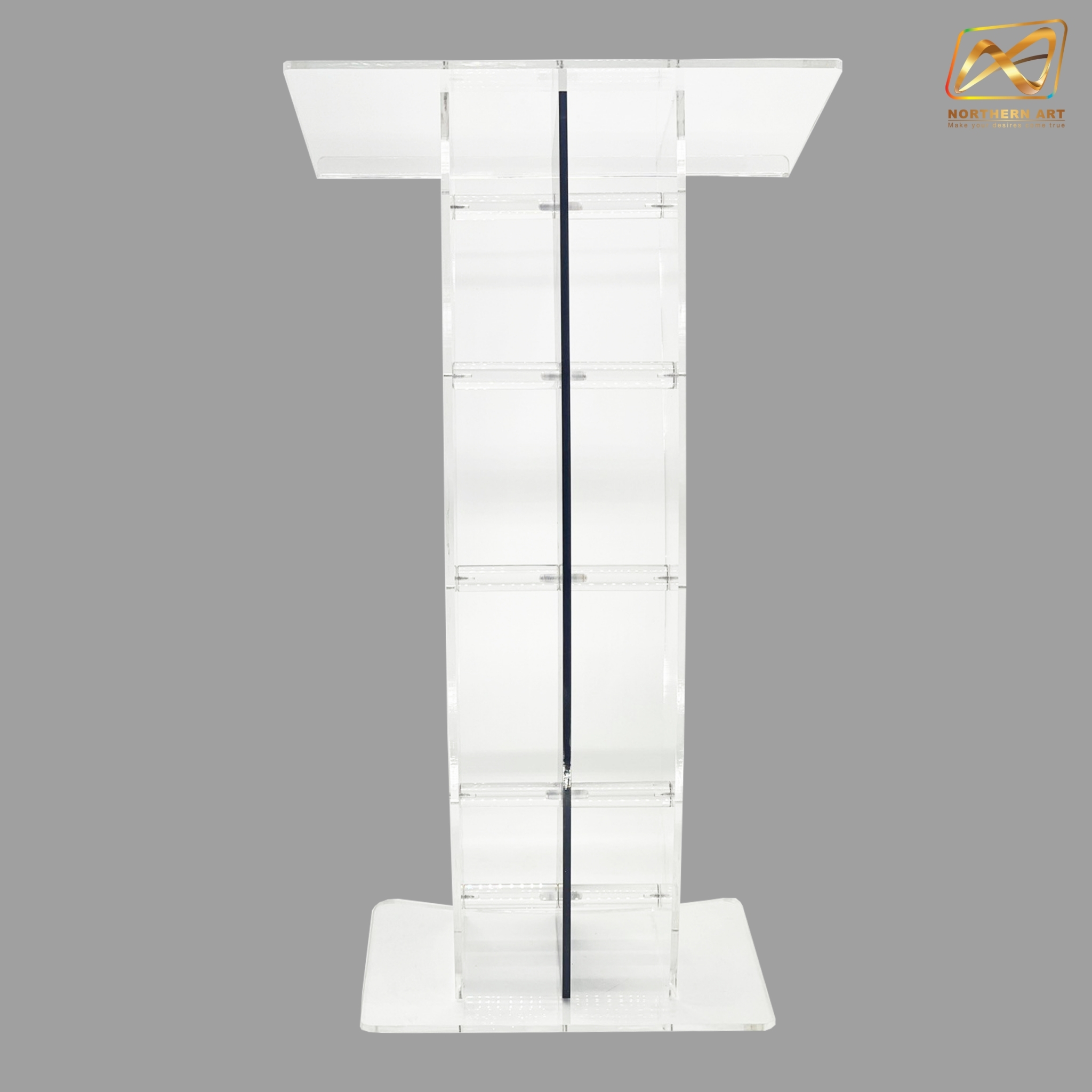 โพเดียมอะคริลิคใส และอะคริลิคสีน้ำเงิน ขนาด(W)60 x (L)42 x (H)113 cm. TOP เอียงพร้อมกันตก