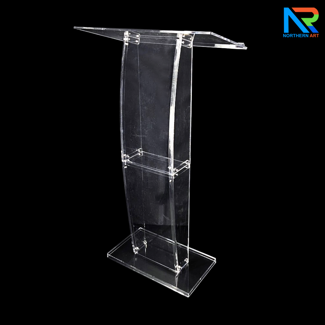 โพเดียม อะคริลิคใส ขนาด(W)68 x (L)34 x (H)123 cm. TOP เอียงพร้อมกันตก วัสดุอะคริลิคใส หนา 8 มม.