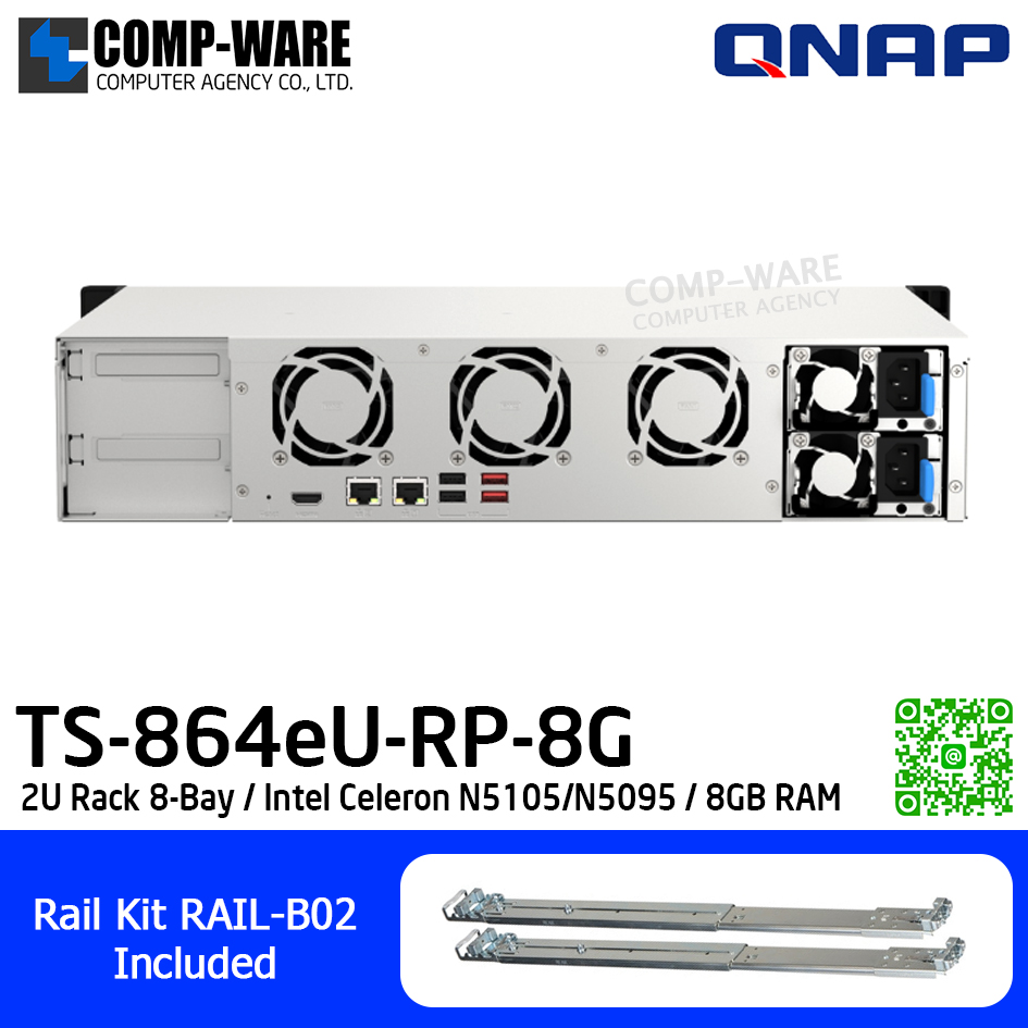 QNAP (2U 8-Bay) TS-864eU-RP-8G / Intel Celeron 5105/5095 (4Core) / 8GB DDR4 / 8 x 3.5" SATA 6Gbps / 2 x 2.5GbE / Redundant PSU / 3Y Warranty / No HDD / Rail Kit RAIL-B02