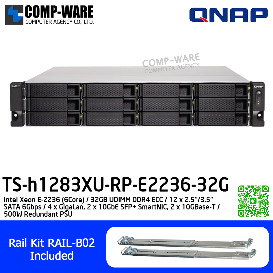 QNAP (2U 12-Bay) TS-h1283XU-RP-E2236-32G / Intel Xeon E-2236 (6Core) / 32GB UDIMM DDR4 ECC / 12 x 2.5"/3.5" SATA 6Gbps / 4 x GigaLan, 2 x 10GbE SFP+ SmartNIC, 2 x 10GBase-T / 500W Redundant PSU / 3Y Warranty / No HDD / Rail Kit RAIL-B02